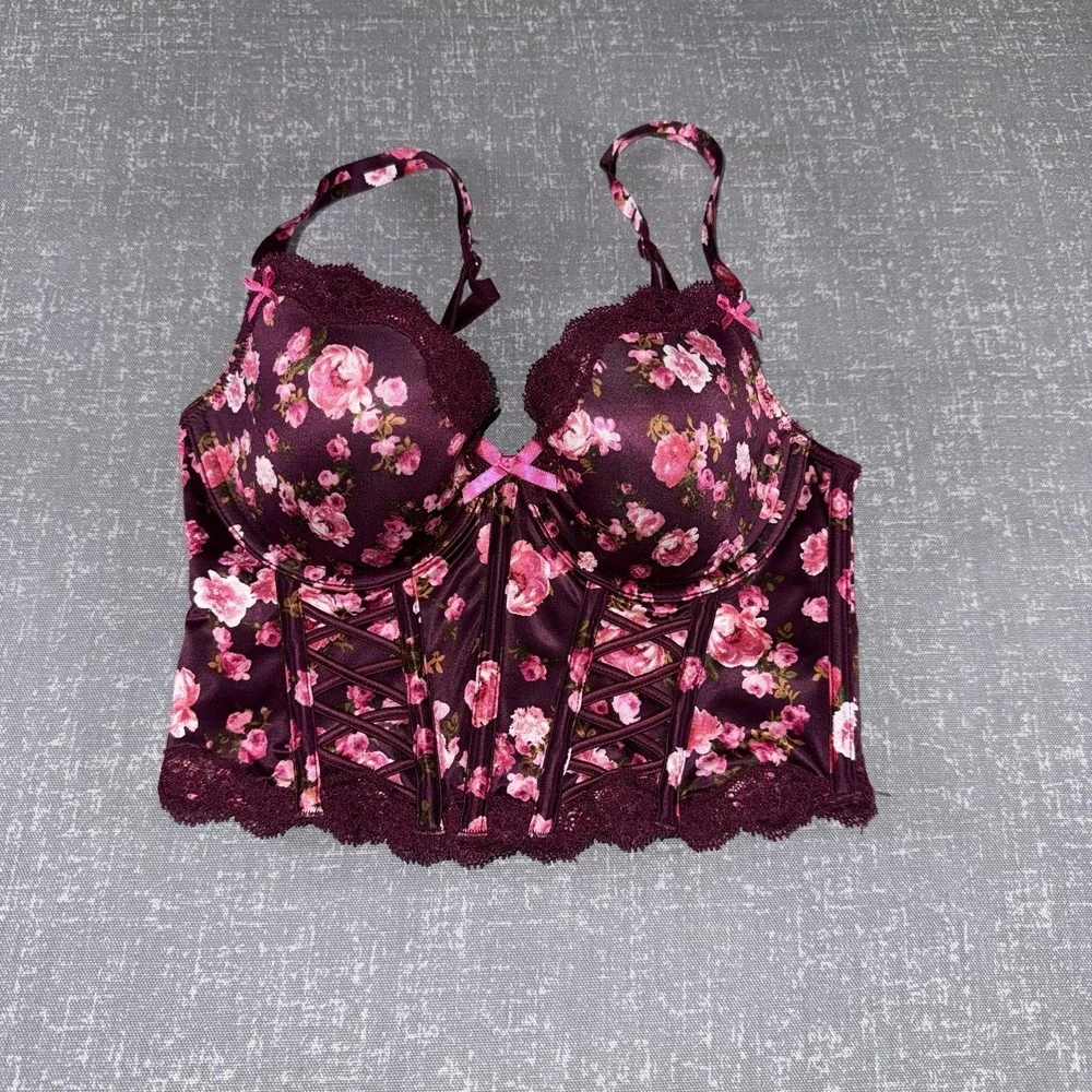 Victorias Secret Dream Angels Bustier Womens 32C Red Floral Satin Boned Demi